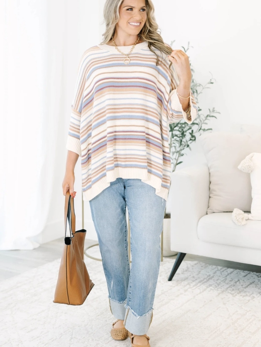 Striped Pastel Oversized Knit Top - Cream & Multi